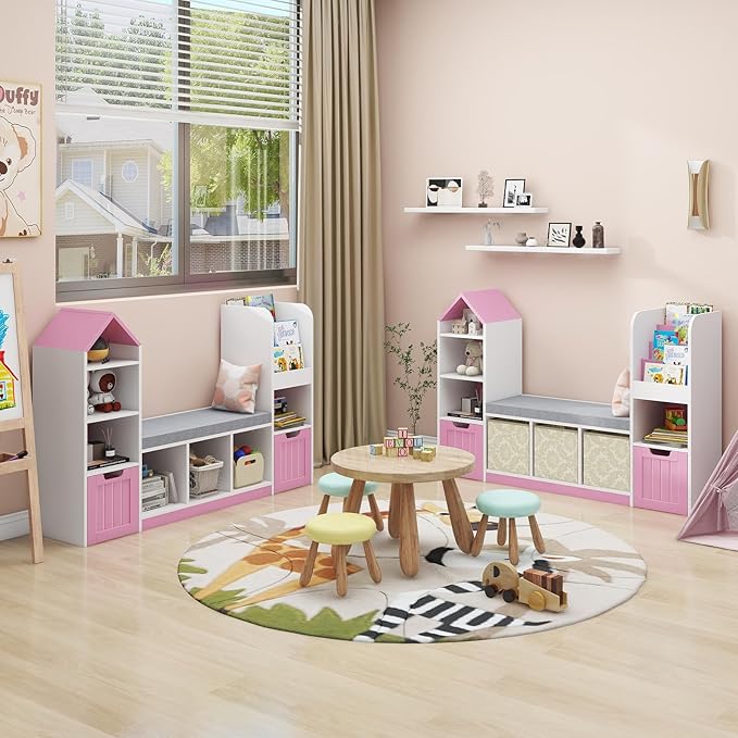 Toy Storage Organizer for Kids Bookshelf with Reading Nook, Multifunctional Kids Bookcase with 7 Storage Cubbies, 2 Movable Drawers and Seat Cushion for Keeping Kids' Toys Books Organized, Pink