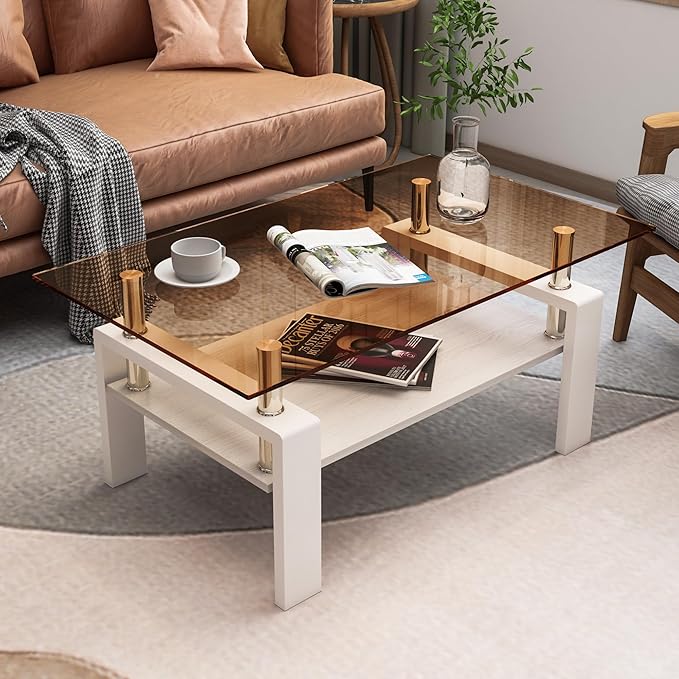 Glass Coffee Table Rectangle Living Room Center Table, with Brown Tempered Glass Tabletop and White MDF Layer,for Living Room and Office, Brown+White