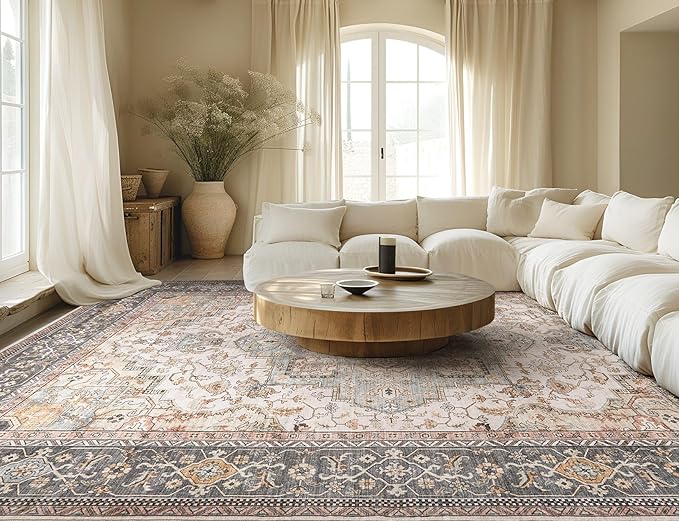 Washable Area Rugs for Living Room - 9x12 Neutral Vintage Distressed Floral Farmhouse Boho Large Soft Floor Rug Indoor Non Slip Carpet for Bedroom Dining Room Office -Forest Green Orange