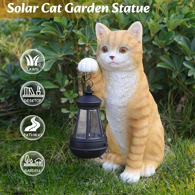 Solar Powered Outdoor Cat Garden Statue, Crafted Garden Sculptures & Statues for Patio, Yard, Lawn, Gardening Gifts for Women and Mom(11" Cat)