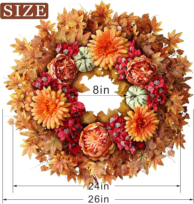 26" Fall Wreath for Front Door - Large Artificial Maple Leaves Fake Silk Peony Faux Pumpkin Outdoor Wreath for Porch, Window,Farmhouse,Home,Thanksgiving Day Harvest Festival Autumn Decor