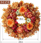 26" Fall Wreath for Front Door - Large Artificial Maple Leaves Fake Silk Peony Faux Pumpkin Outdoor Wreath for Porch, Window,Farmhouse,Home,Thanksgiving Day Harvest Festival Autumn Decor