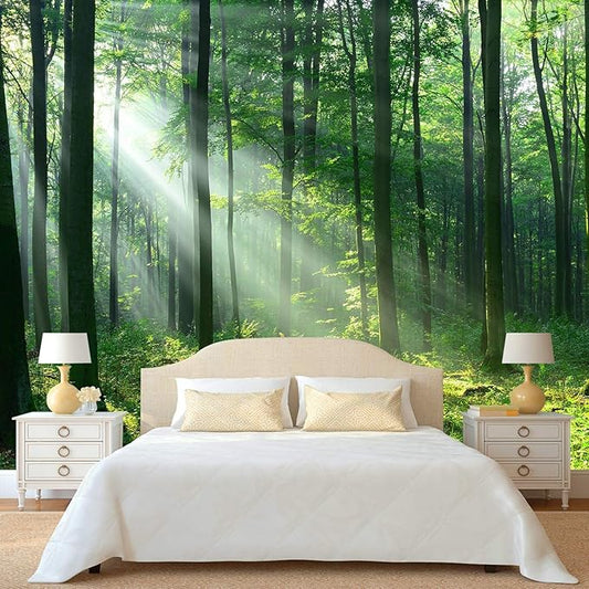 WFBHUA-Green Woodland Wallpaper Mural Foggy Forest Tree Wallpaper Nature Landscape Wall Murals for Bathroom Living Room (Not Peel and Stick)