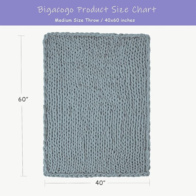 Bigacogo Chunky Knit Throw Blanket for Couch, 40x60 inches, 100% Hand Knitted with Thick Jumbo Chenille Yarn, Cozy Soft Large Rope Knot Cable Crochet Blankets for Sofa Bed Living Room, Dusty Blue