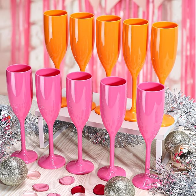 XUWAIDSGN Acrylic Champagne Flutes Toasting Glasses Unbreakable Mimosa Bar Reusable Wine Glasses Vintage Champagne Flutes Stemmed Drinking Cups 5.4 OZ for Christmas Birthday (24, Orange)