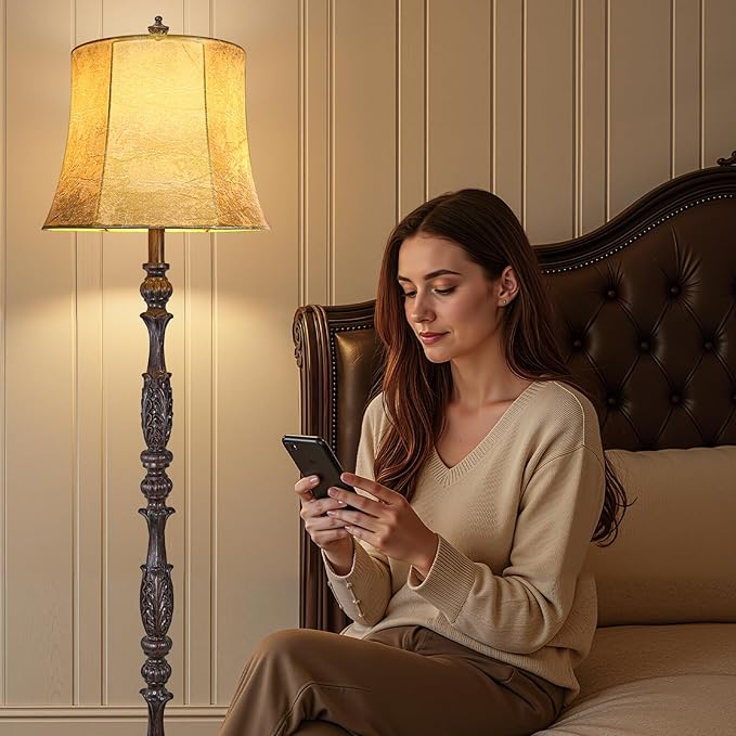 Scenekoy Vintage 66” Tall Floor Lamp for Living Room Bedroom, Retro Resin Carved Standing Lamp with Faux Leather Shade, 3-Way Dimmable Bulb, Rotary Switch Rustic Corner Light for Home Decor
