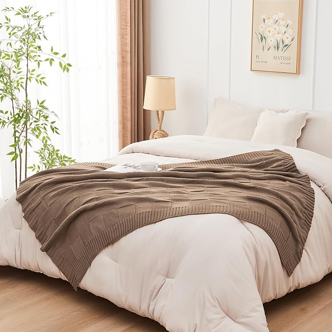 CozeCube Check Knit Throw Blanket, Light Brown Checkered Throw for Couch, Decorative Christmas Soft Cozy Warm Knitted Blanket for Bed Sofa Living Room, 60"X80"