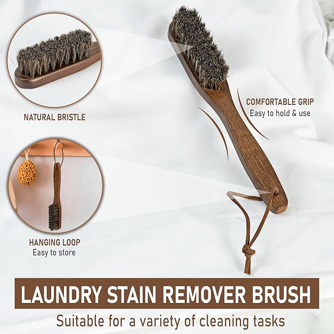 Takavu Horsehair Laundry Stain Brush Set (2 Pack) - Soft Bristle Spot Cleaner for Delicate Fabrics, Clothes Pre-Wash, Gentle Garment Care Tool