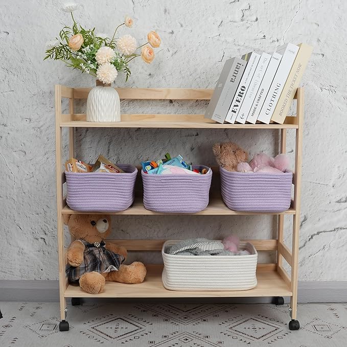 Small Woven Storage Baskets 12“X8”X5“ Decorative Rope Bins for Organizing Shelves, Closets, and Toys, Empty Gift Baskets, Cute Organizer Basket for Home and Office (purple, regular)