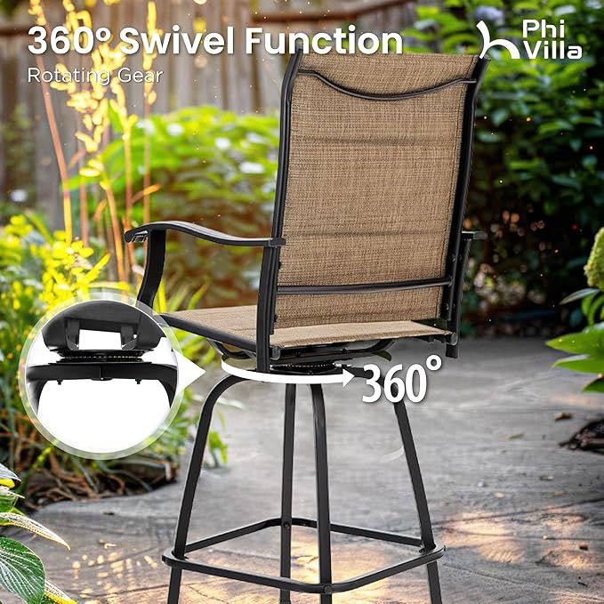 PHI VILLA 5 Piece Outdoor Bar Set, High Top Patio Dining Table and Chairs with 4 Swivel Padded Bar Stools (Brown) & Wood-Like Steel Bar Table for Deck, Garden, Poolside and Porch