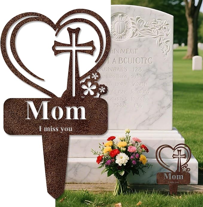 Mom Memorial Grave Stake, Cemetery Decorations for Grave Markers 12.5 x 7.2 inch Heart Metal Sympathy Stakes Graveside Plaque Decor Sign for Mother Graves, Yard, Garden - Rust-Mom