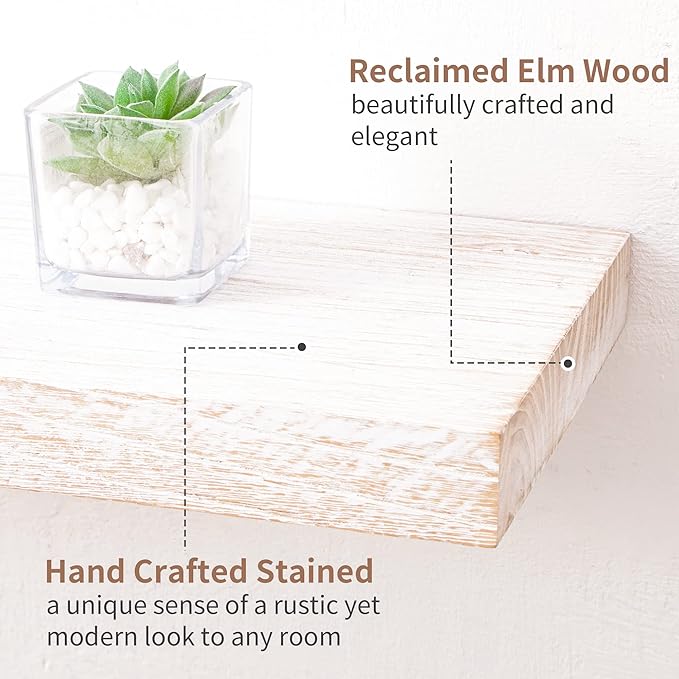 Floating Shelves for Wall, Rustic Elm Wood 56'' W x 8" D Wall Shelf with Invisible Bracket, Large Long Wall Mounted Storage Shelves for Living Room, Bedroom, Kitchen, Bathroom Decor, White Wash
