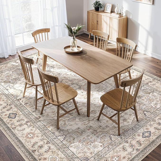 Washable Area Rugs for Living Room - 6x9 Neutral Vintage Distressed Floral Farmhouse Boho Large Soft Floor Rug Indoor Non Slip Carpet for Bedroom Dining Room Office - Brown/Multi