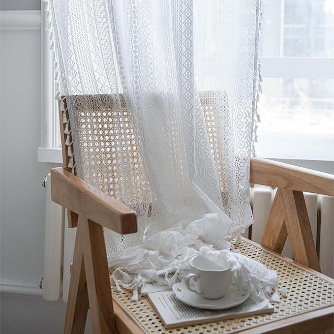 Sutuo Home Boho Curtains Crochet Lace Sheer Bohemian Stylish with Tassels, Window Treatment Privacy Vintage Rustic Farmhouse Drapes for Bedroom, Rod Pocket 1 Panel 59" W x 102" L, White
