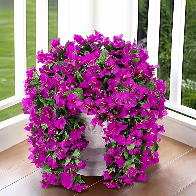 Faux Bougainvillea Artificial Flowers Plants for Outdoors Outside Decoration, 2 pcs Purple Fake Flowers UV Resistant Look Real Silk Long Trailing Vines for Front Door Porch Planter Urn Patio Garden