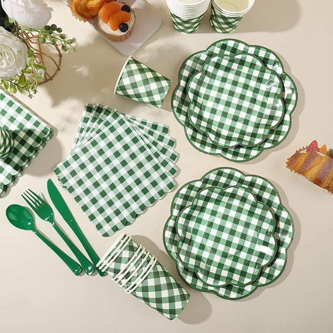 350 Pcs Green Gingham Plates and Napkins Party Supplies - Green and White Checkered Plates Sets Serve 50 Guests - Scalloped Gingham Paper Plate for Birthday Picnic BBQ Golf Party Decorations