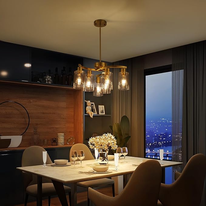 6-Light Gold Chandeliers for Dining Room, Modern Kitchen Island Light Fixtures Over Table, Metal Hanging Pendant Lighting for Living Room Stairwell Entryway Bedroom, Clear Glass Shade