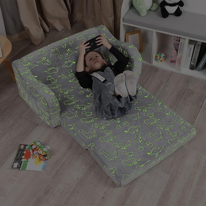 Kids Extra Wide Glow in The Dark Chairs for Toddler, 2-in-1 Toddler Soft Sherpa Couch Fold Out, Convertible Sofa to Lounger for Girls and Boys, Dark Grey