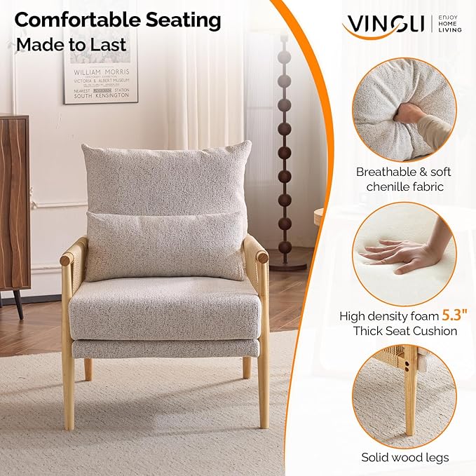 VINGLI Boho Braid Accent Armchair,Mid-Century Modern Chiar with Solid Wooden Armrest,Comfy Louge Cushion Chair with Waist Pillow for Bedroom,Living Room,Reading Room, Light Gray