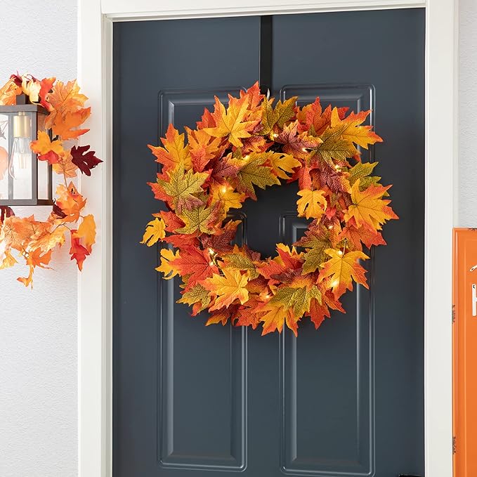 Glitzhome 24 Inch Pre-lit Fall Wreath, Autumn Wreath for Front Door, Lighted Maple Leaves Wreaths with Timer for Thanksgiving Halloween Christmas Wall Front Porch Home Decoration