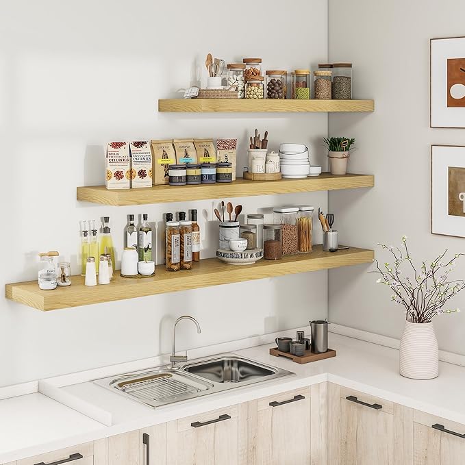 RICHFOCUS 72Inch Floating Shelves for Wall 1 Pack Shelves for Bedroom|Kitchen|Bathroom Wall Mounted Rustic Wood Floating Shelf with Invisible Brackets for Books|Storage|Decor, Oak