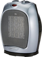 Amazon Basics Oscillating Ceramic Space Heater, Portable Indoor Heating Solution, With Overheat and Tip-Over Protection, Thermostat, 1500W, 7.52"D x 6.34"W x 9.45"H, Silver