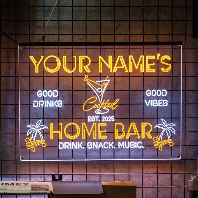 Personalized Cocktail Bar Signs with Your Name for home wall light up with personalized pub name, man cave accessories, beer themed neon customizable lighted sign