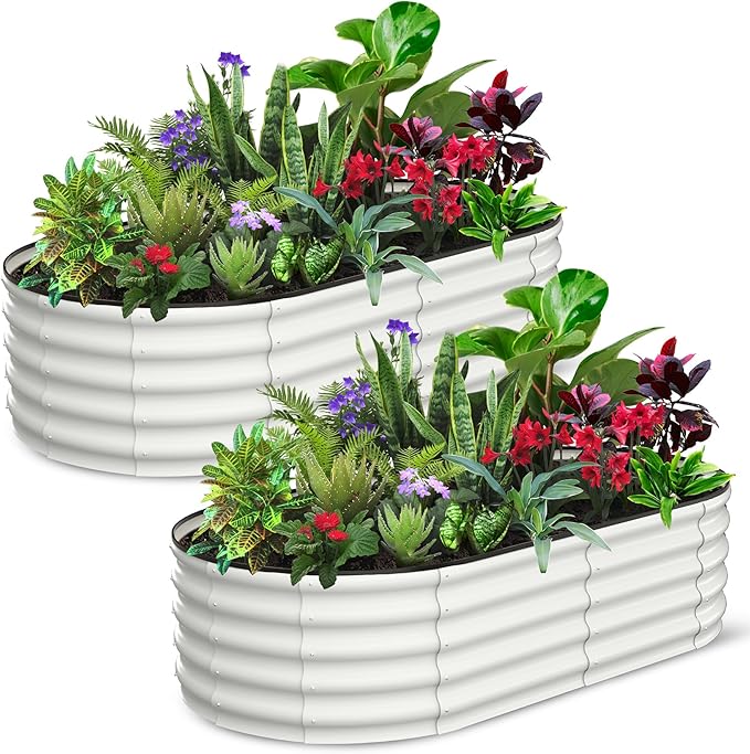 2 Pcs 6x3x1.5ft Oval Raised Garden Bed, Galvanized Raised Beds,Open-Ended Base Metal Raised Planter Beds,Garden Bed Outdoor,Planter Raised Boxes for Vegetables, Flowers,Tool-Free Asse,White