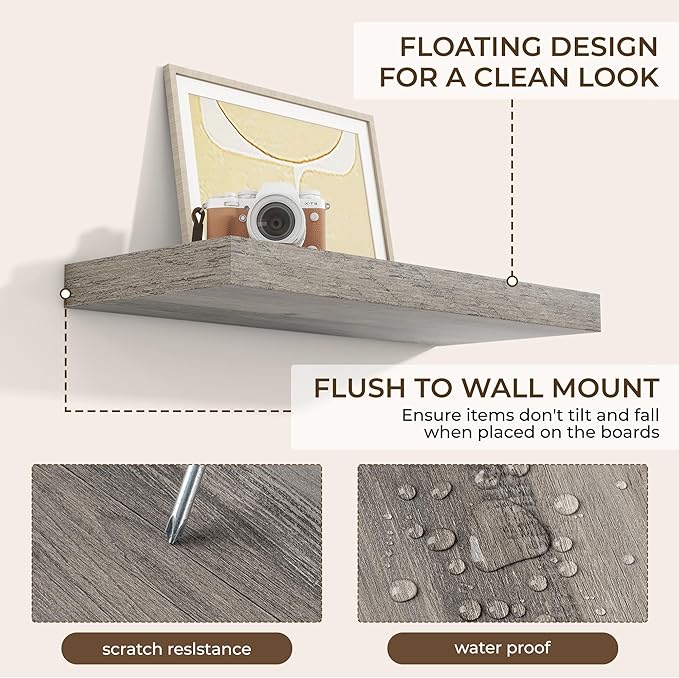 RICHFOCUS 24Inch Floating Shelves for Wall 2 Pack Shelves for Bedroom|Kitchen|Bathroom Wall Mounted Rustic Wood Floating Shelf with Invisible Brackets for Books|Storage|Decor, Grey