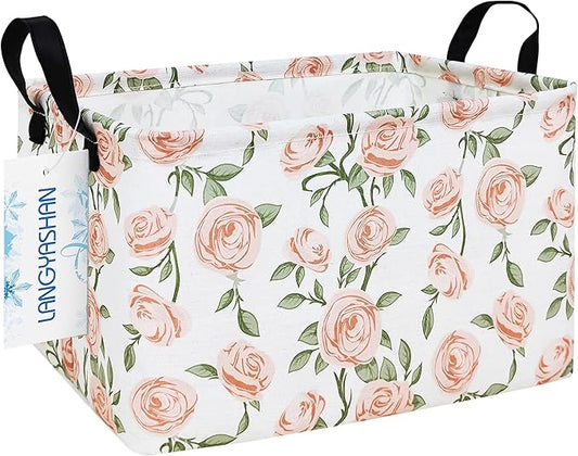LANGYASHAN Rectangular Storage Bin Collapse Canvas Fabric Cartoon Storage Basket with Handles for Organizing Home Kitchen Boys and Girls Toys Office Closet Shelf Baskets (Rec Champagne Rose)