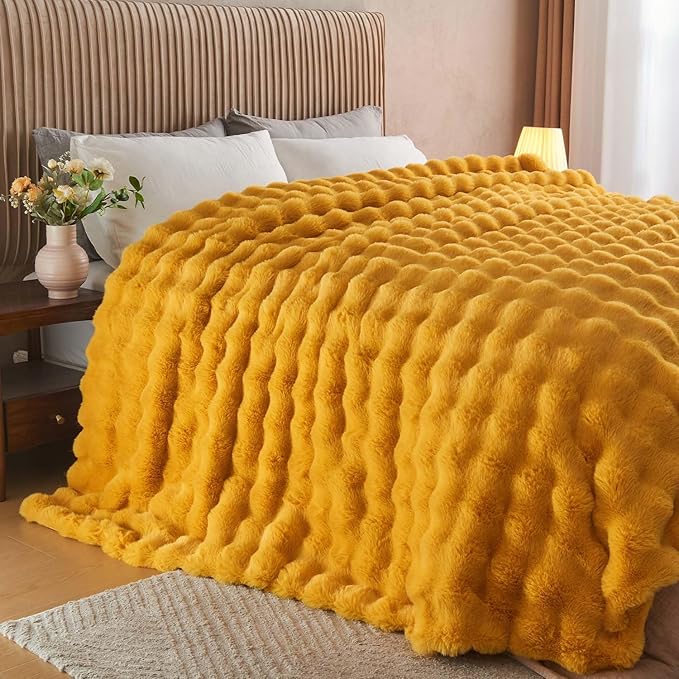 Lotus Karen Faux Fur Throw Blanket Ginger Yellow - Big Bubble Rabbit Fluff Blanket for Couch Bed Sofa,Softest Fluffy Fuzzy Cozy Blanket,Thick Furry Plush Shaggy Warm Blankets for Women,90x90 Inches