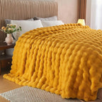 Lotus Karen Faux Fur Throw Blanket Ginger Yellow - Big Bubble Rabbit Fluff Blanket for Couch Bed Sofa,Softest Fluffy Fuzzy Cozy Blanket,Thick Furry Plush Shaggy Warm Blankets for Women,90x90 Inches