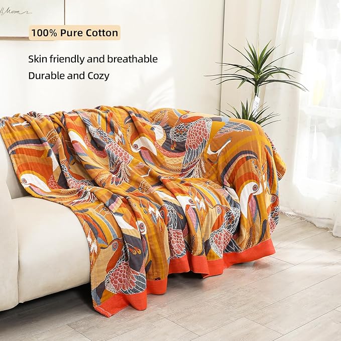 Boho Large Throw Blanket, 100% Organic Cotton Breathable Soft Bed Throw - Floral Bird Farmhouse Decor Blanket for Sofa Couch Chair Quilt and Gift. 60" x 80"- Colorful