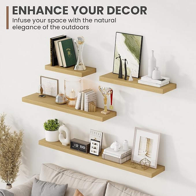 16 Inch Floating Shelves, 8 Inch Deep Floating Shelves for Wall, Hanging Shelf with Invisible Brackets, Deep Shelves for Bathroom, Bedroom, Living Room, Oak, Set of 2