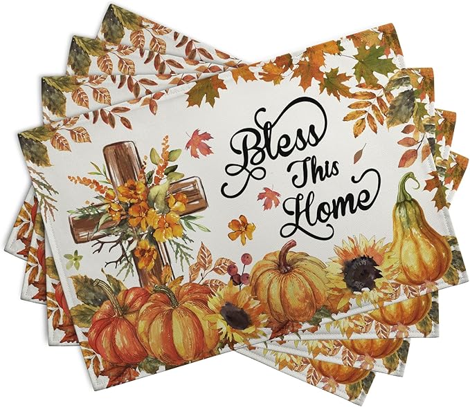 Fall Cross Pumpkin Placemats Set of 4 Autumn Thanksgiving Harvest Sunflower Maple Leaf Orange Linen Table Mats Seasonal Farmhouse Decorative Place Mat for Party Kitchen Dining Decor