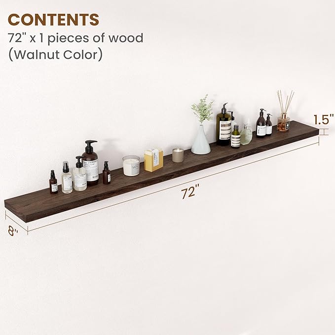 Floating Shelves for Wall Decor, 8 Inch Deep Rustic Solid Elm Wood Floating Shelves Wall Mounted, Wall Shelves with Invisible Bracket for Living Room Bathroom Bedroom Kitchen, 72 Inch Set of 1, Walnut