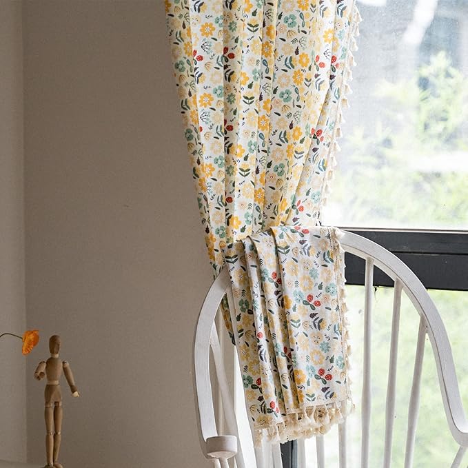 Sutuo Home Boho Curtain Semi-Blackout Colorful Florals Print Cotton Linen Fabric, Handmade Tassels Rod Pocket Bohemian Farmhouse Country Window Drapes for Living Bedroom, 59" W x 84" L, 1 Panel
