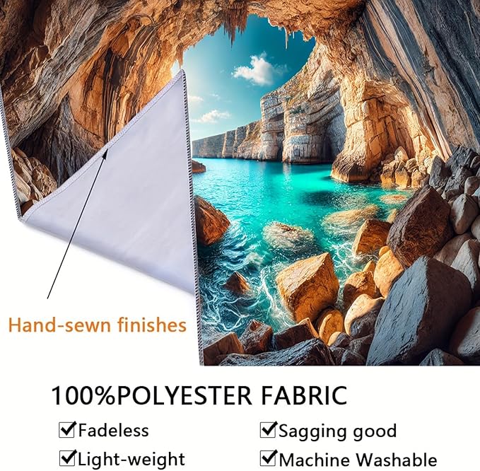 BSFHH Nature Tapestry Forest Tree Sea Cave Wall Hanging, Stream Through Rainforest Landscape Wall Art Tapestry for Bedroom Living room (Cave Sea View, 90"×70", Unframed)