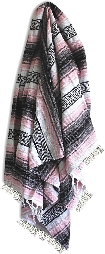 Del Mex Classic Mexican Blanket, Large Authentic Woven Falsa Throw (70"x50"), Artisan Southwest Décor for Beach, Yoga, Outdoors (Pink)