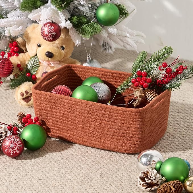 Small Storage Baskets for Organizing | Closet Organizer Bins | Shelf Toy Basket | Woven Rope Baskets | Cube Decorative Box | Shallow Basket | 13x8.5x5.1” | 3 Packs Oxide Red