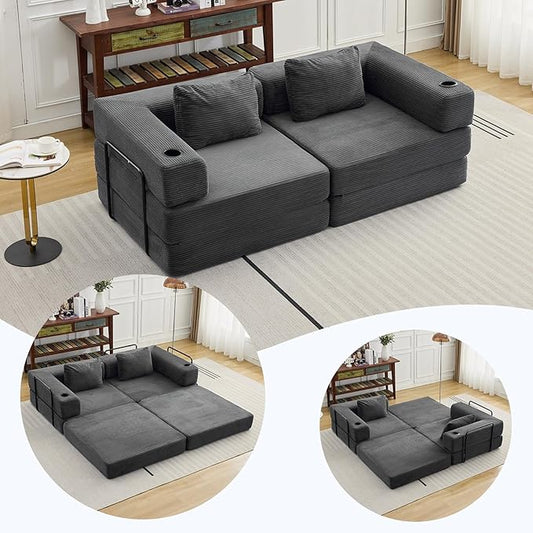 78" W Loveseat Sofa, 4 in 1 Convertible Floor Sofa Bed, Boneless Cloud Couch with Cup Holder, Fold Out Floor Couch, Loveseat Recliner Sleeper for Living Room Bedroom Lounge(Corduroy, White)