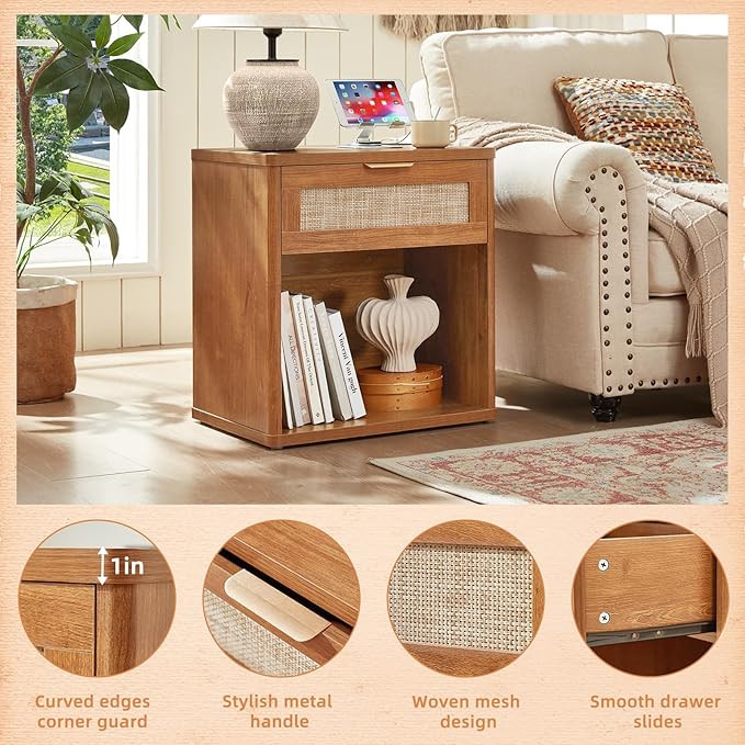 LEYAOYAO Boho Rattan Coffee Table Sets 3 Pieces, Nightstand with Charging Station and Coffee Table with Hidden Storage Compartment, Brown Living Room Table Set, Wood Furniture Sets for Home Office