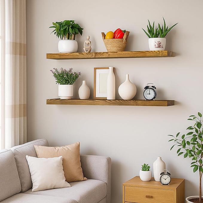 BGMG Wood Floating Shelves for Wall 30 inch Set of 2, Rustic Wooden Wall Mount Shelves for Living Room Bedroom Kitchen Farmhouse 2-30x6.7x1.25 inch- Gold Oak
