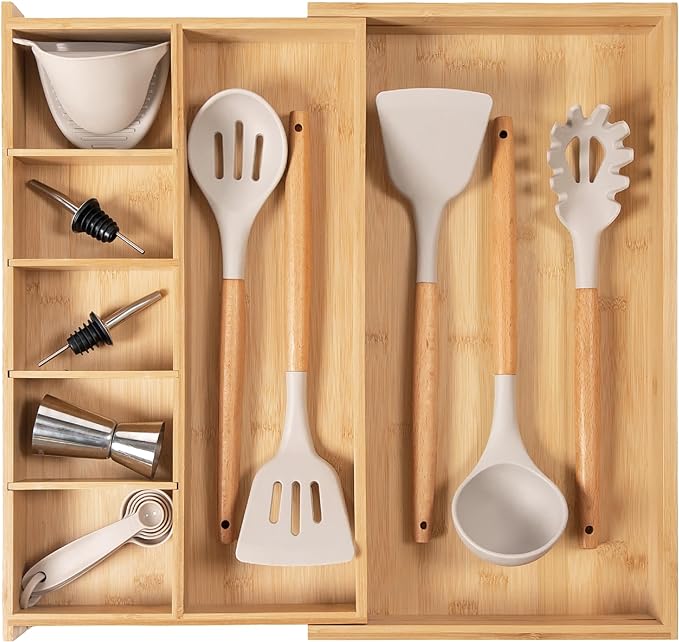 Adjustable Kitchen Drawer Organizer for Utensils and Junk, Food-Safe Contract Grade with 100% Sustainable Wood, Expandable from 10.5 to 19 Inches Wide - Natural Bamboo