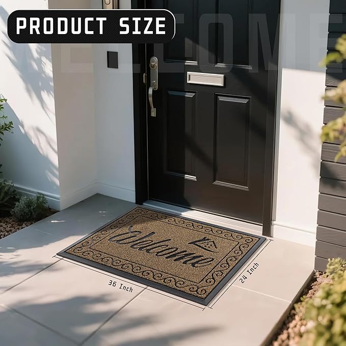 Yimobra Welcome Front Door Mat, Heavy Duty Easy Clean Doormat Indoor Outdoor, Waterproof Quick Dry Floor Mat for Home, Garage, Hign Traffic Areas, Non Slip, Low Profile, 36 x 24 Inches, Beige Brown