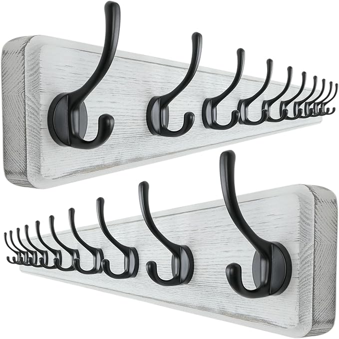 Dseap Wall Mounted Coat Rack: 38-1/4" Long, Patented, Heavy-Duty, 10-Double-Hooks Wooden Hanger Rail for Winter Coats, Hat, Jacket, Clothing - White & Black, Pack of 2