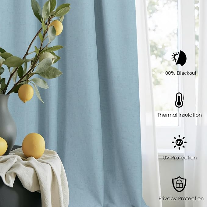 Dusty Blue Drapes 84 Inch Length 2 Panels for Bedroom Aesthetic 100% Blackout Cute Curtains for Nursery Weather Curtain Thermal Insulated Energy Efficient Cotton Linen Back Tab Pleated Stone Blue Grey