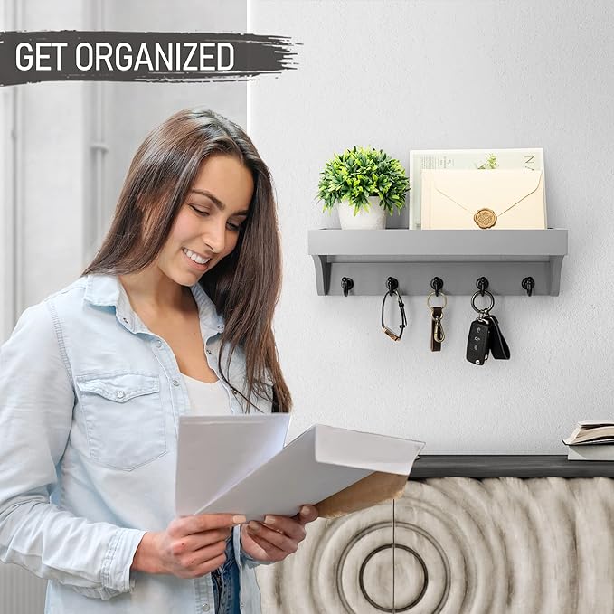 Rebee Vision Decorative Key Holder for Wall - Modern Farmhouse Wall Mount Mail Organizer Keys Hanger with Floating Shelf, 5 Rustic Key Hooks for Entryway Home Decor (Gray)