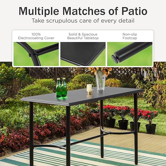 PHI VILLA Outdoor Patio Bar Table for 4-6, Counter Height Rectangle Bar Table with All Weather Metal Steel Frame Black for Outside, Yard, Garden and Deck