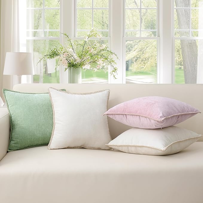 decorUhome Chenille Soft Throw Pillow Covers 22x22 Set of 2, Farmhouse Velvet Neutral Decorative Euro Pillow Covers with Stitched Edge for Couch Sofa Bed Home Decor, Sage Green